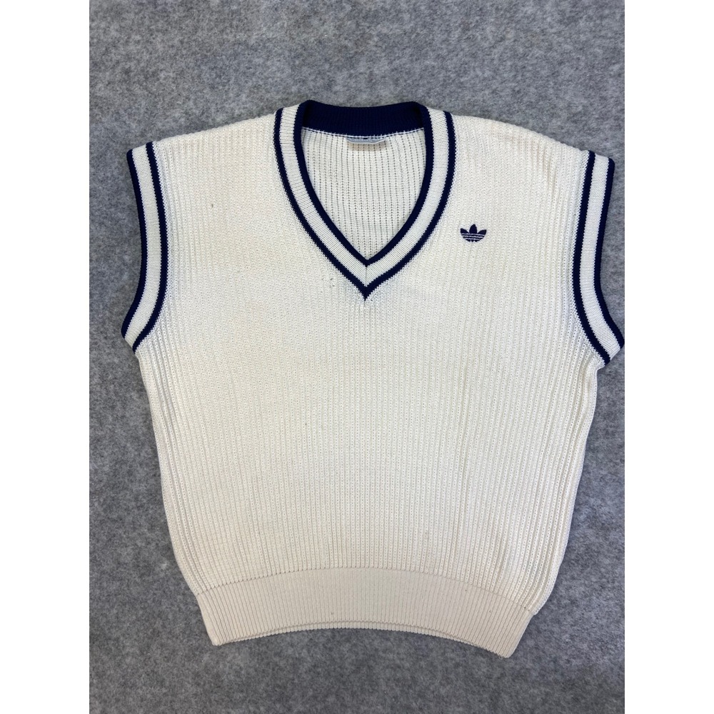 Adidas Vintage‎ Sweater Vest White Navy Striped V Neck Athletic Size 50 Large